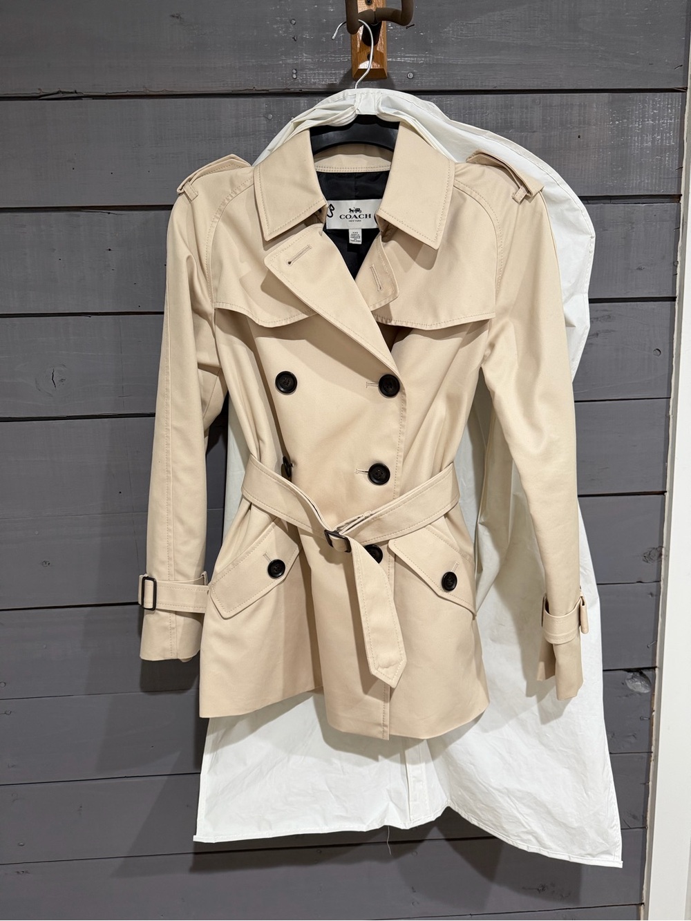 Coach Beige Double-Breasted Short Trench Coat with Belt